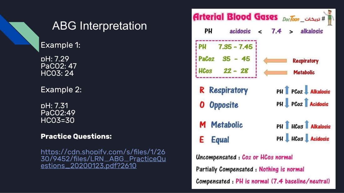 Her ABG reference slide, with the ROME device and both worked examples. She calls this chart a good cheat sheet and tells students to use it. Cover the numbers and re-derive both answers before the exam.