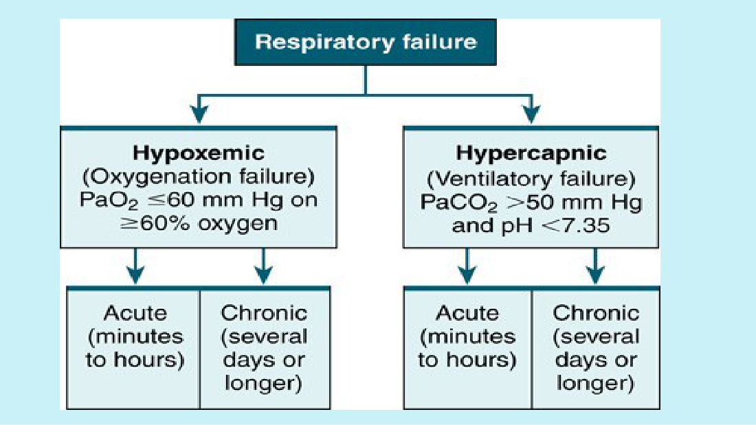 Her classification flowchart. Respiratory failure splits into hypoxemic (PaO2 ≤60) and hypercapnic (PaCO2 >50, pH <7.35), and each of those splits again into acute and chronic. If you can redraw this tree with the numbers on it, §2.2 is done.